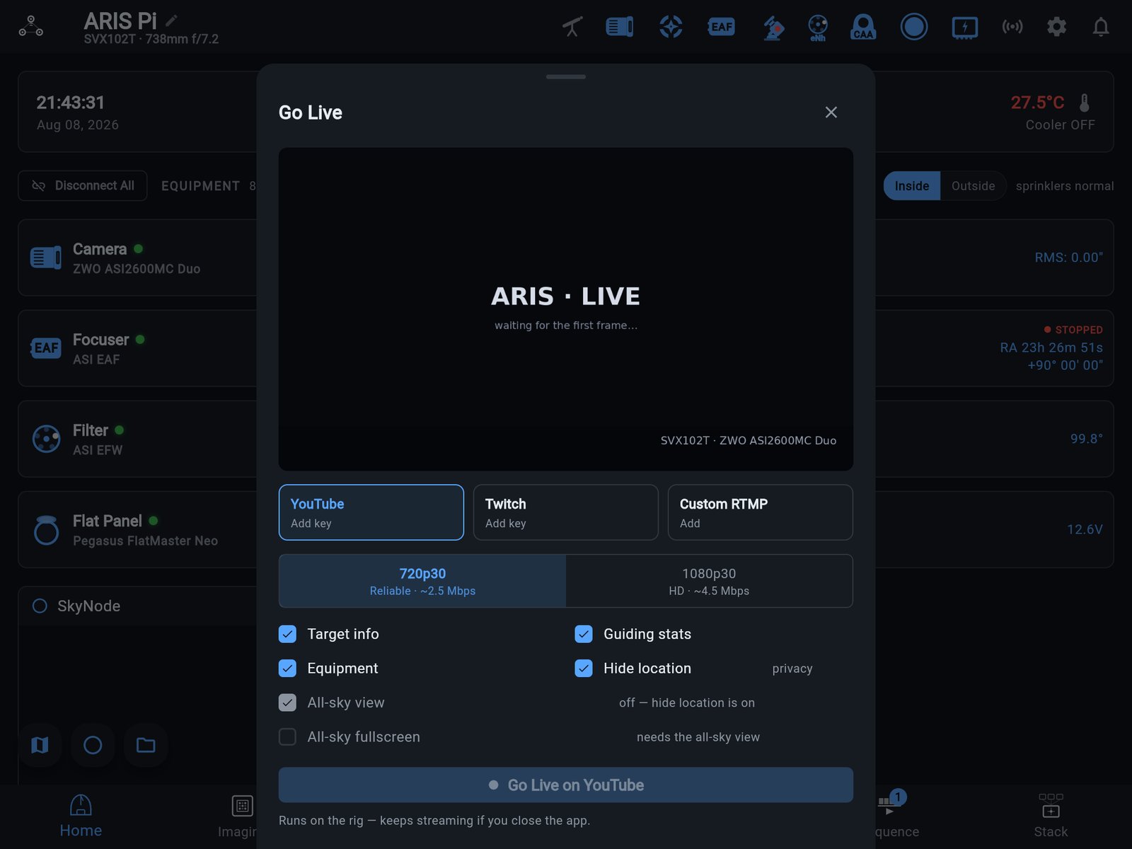 ARIS Go Live sheet on iPad — a saved YouTube destination ready to start, the live-stack preview with its telemetry lower third, AllSky picture-in-picture, and location sharing off